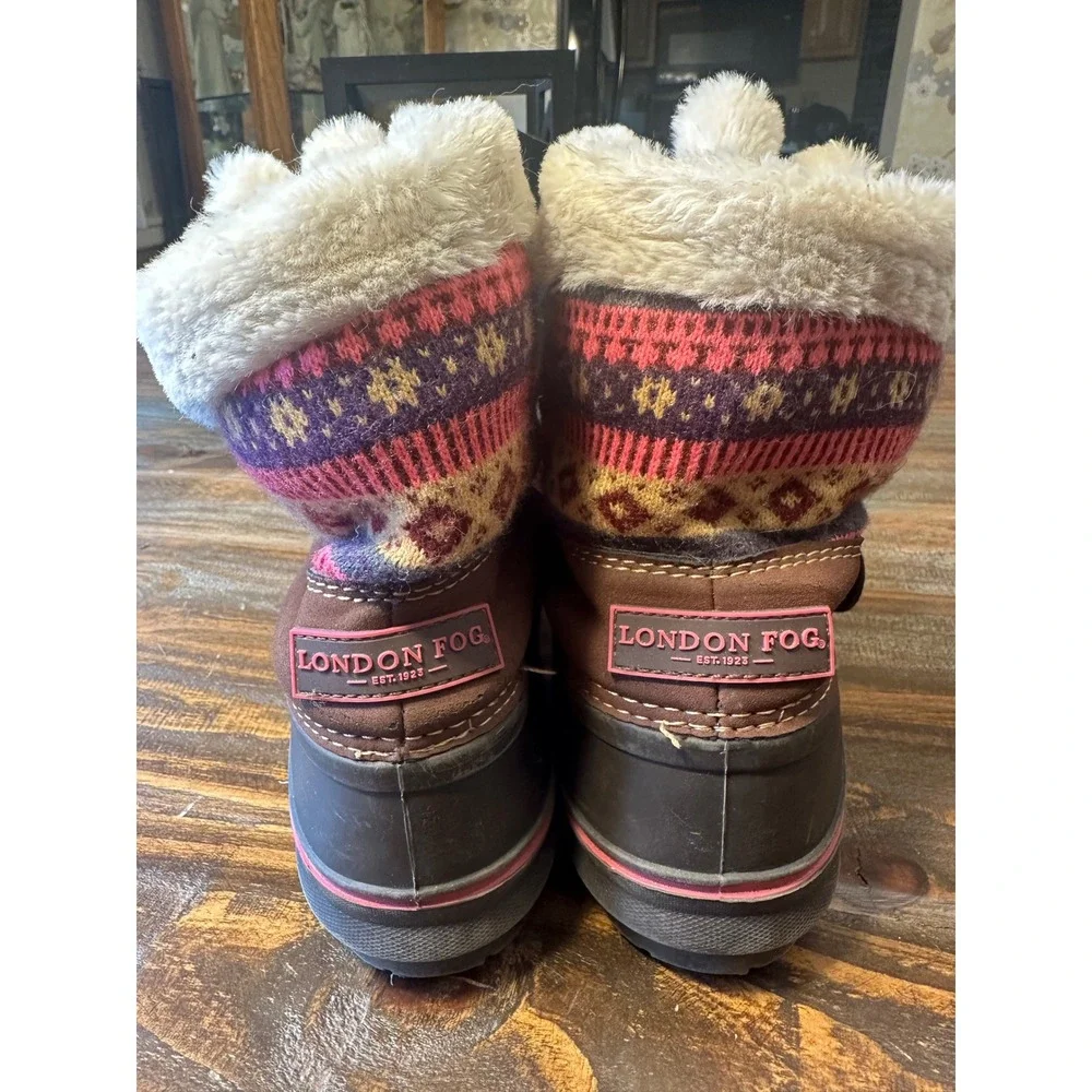 London Fog Snow Boots Kids Size 4 Tan Brown‎ Pink Fair Isle Faux Fur Lined